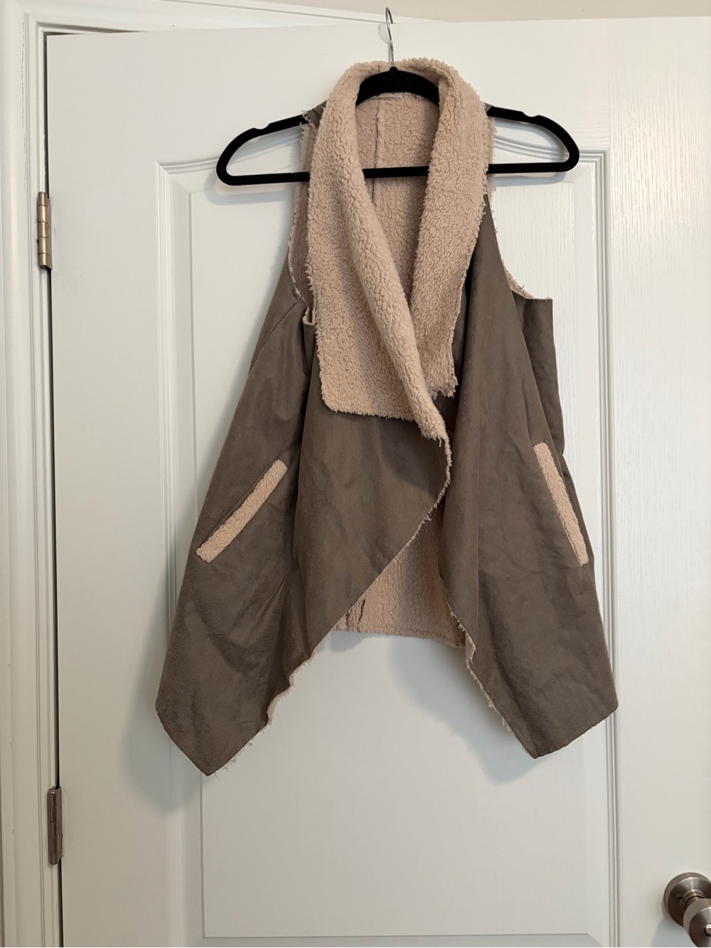 Taupe Faux-Shearling Drape Vest with Contrast Lining